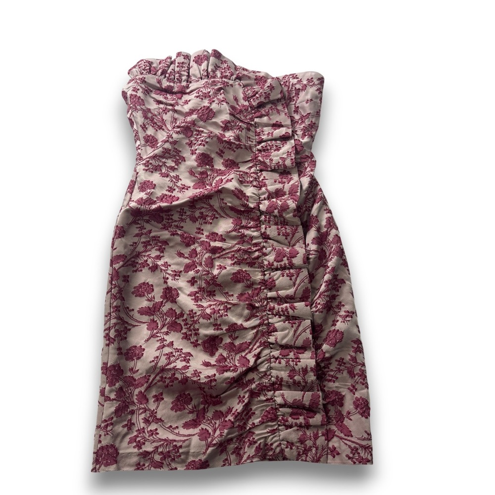 LIKELY Women Burgundy Pink Floral Jacquard Strapless Ruffle Mini Dress Size 2